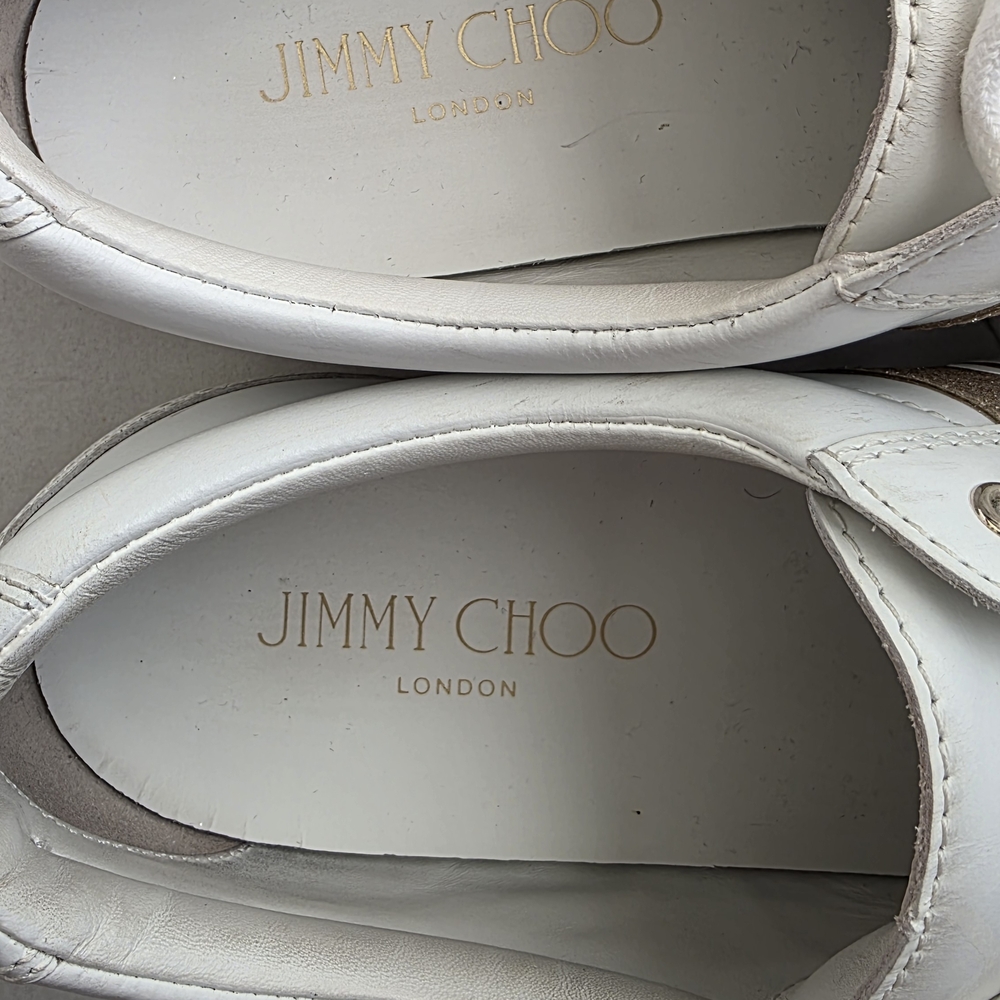 Jimmy Choo Cash White and Gold Women's Sneakers - Picture 11 of 12